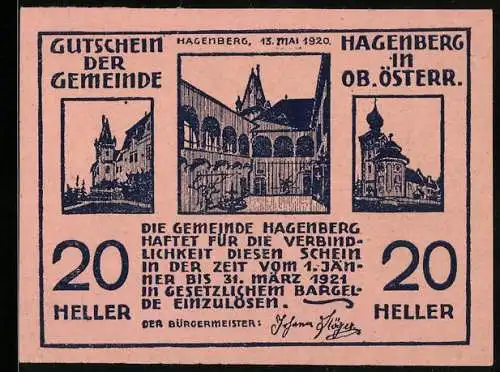 Notgeld Hagenberg 1920, 20 Heller, Gebäudeansichten und Pflügender Bauer mit Sonne, Fisch und Reh