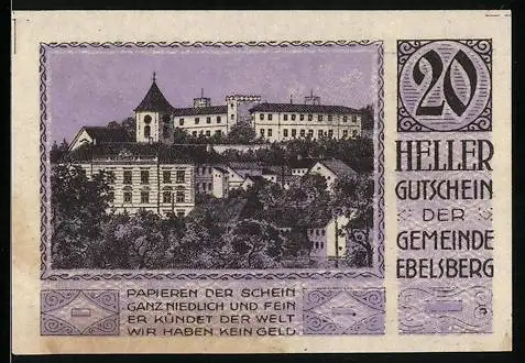 Notgeld Ebelsberg 1920, 20 Heller, Schlossansicht und Wappen der Gemeinde