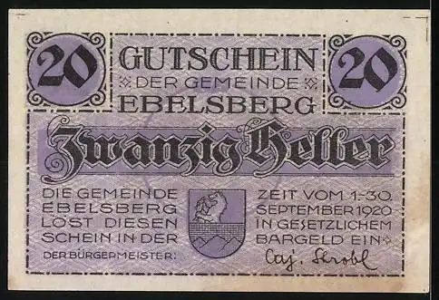 Notgeld Ebelsberg 1920, 20 Heller, Schlossansicht und Wappen der Gemeinde