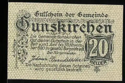 Notgeld Gunskirchen 1920, 20 Heller, Kirche und dekorativer Text