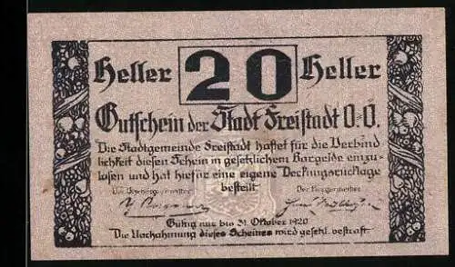 Notgeld Freistadt 1920, 20 Heller, Stadtansicht und dekoratives Blumenmotiv