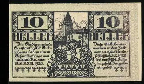 Notgeld Freistadt 1920, 10 Heller, Stadtszene mit Turm und Blumenornamenten