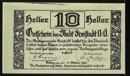 Notgeld Freistadt 1920, 10 Heller, Stadtszene mit Turm und Blumenornamenten