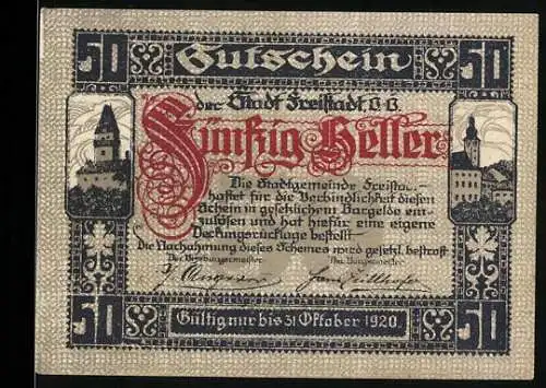 Notgeld Freistadt 1920, 50 Heller, Turm und Stadtansicht, Wappen, gültig bis 31. Oktober 1920