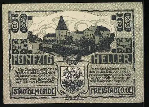 Notgeld Freistadt 1920, 50 Heller, Turm und Stadtansicht, Wappen, gültig bis 31. Oktober 1920