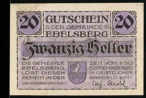 Notgeld Ebelsberg 1920, 20 Heller, Schlossansicht und Stadtwappen