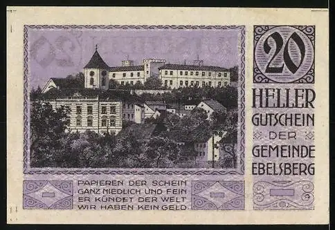 Notgeld Ebelsberg 1920, 20 Heller, Schlossansicht und Stadtwappen