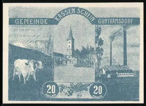 Notgeld Guntramsdorf 1920, 20 Heller, Landschaft mit Kühen, Kirche und Fabrik, Wappen und Unterschriften