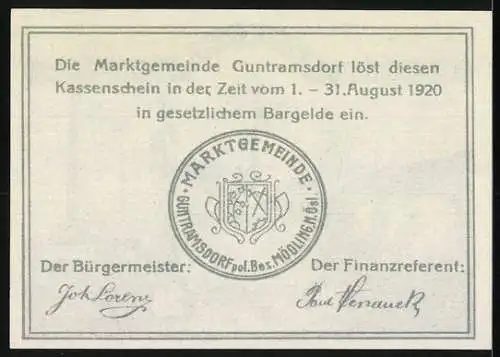 Notgeld Guntramsdorf 1920, 20 Heller, Landschaft mit Kühen, Kirche und Fabrik, Wappen und Unterschriften