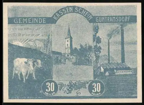 Notgeld Guntramsdorf 1920, 30 Heller, Kirche und Fabrik mit Landschaft und Kühen, Gemeindewappen