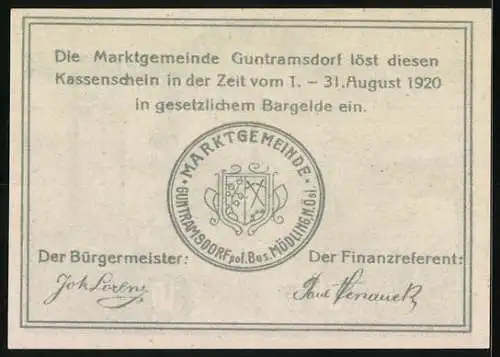 Notgeld Guntramsdorf 1920, 30 Heller, Kirche und Fabrik mit Landschaft und Kühen, Gemeindewappen