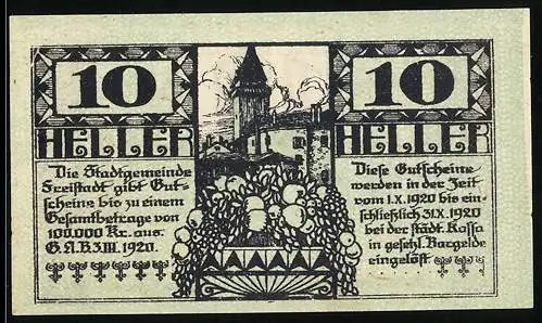 Notgeld Freistadt 1920, 10 Heller, Stadtturm und dekorative Ornamente