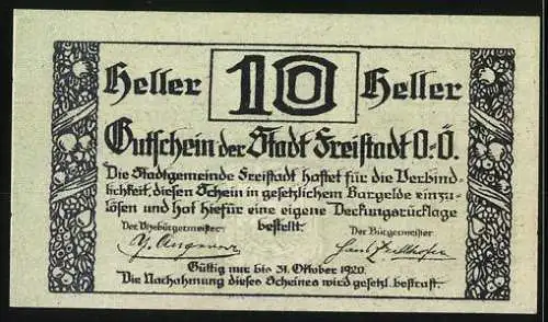 Notgeld Freistadt 1920, 10 Heller, Stadtturm und dekorative Ornamente