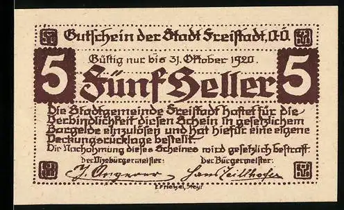 Notgeld Freistadt 1920, 5 Heller, Text und Stadtansichten, mit Wappen