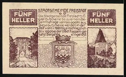 Notgeld Freistadt 1920, 5 Heller, Text und Stadtansichten, mit Wappen