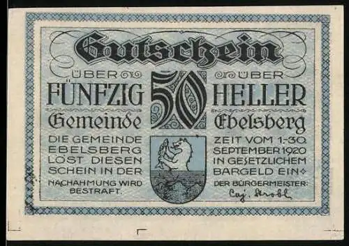 Notgeld Ebelsberg 1920, 50 Heller, Stadtansicht von 1677 und Wappen