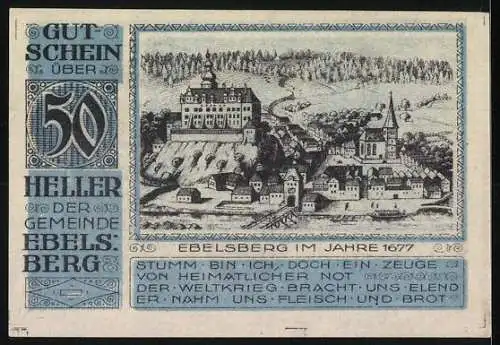 Notgeld Ebelsberg 1920, 50 Heller, Stadtansicht von 1677 und Wappen