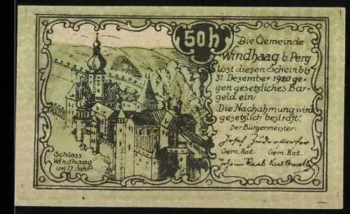 Notgeld Windhaag b. Perg 1920, 50 Heller, Schloss Windhaag und Stadtansicht mit Kirche