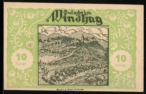 Notgeld Windhag 1920, 10 Heller, Landschaftsmotiv mit Hügeln und Gebäuden