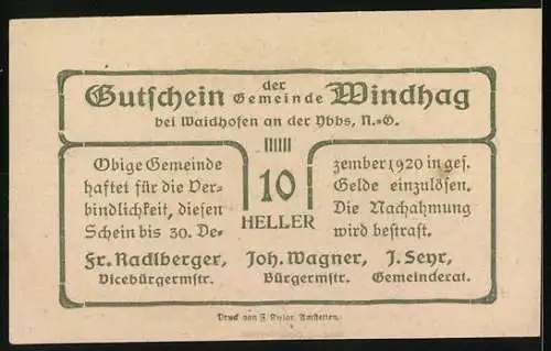 Notgeld Windhag 1920, 10 Heller, Landschaftsmotiv mit Hügeln und Gebäuden