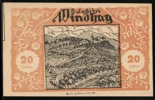 Notgeld Windhag 1920, 20 Heller, Landschaftsmotiv mit Dorfansicht und Ornamenten