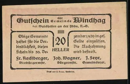 Notgeld Windhag 1920, 20 Heller, Landschaftsmotiv mit Dorfansicht und Ornamenten