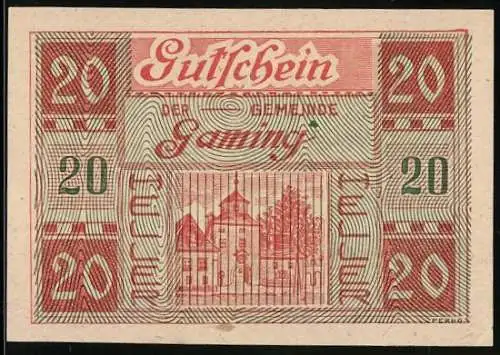 Notgeld Gaming 1920, 20 Heller, Gebäude-Motiv und Wappen der Gemeinde