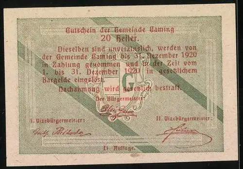 Notgeld Gaming 1920, 20 Heller, Gebäude-Motiv und Wappen der Gemeinde