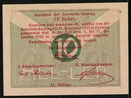 Notgeld Gaming 1920, 10 Heller, mit Turmmotiv und Unterschriften der Bürgermeister