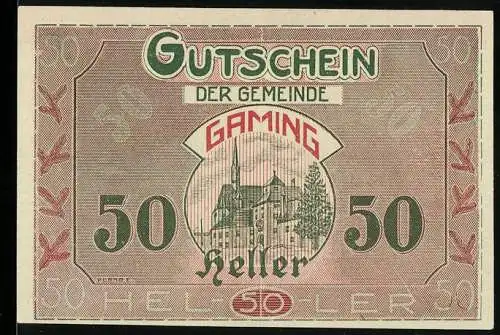 Notgeld Gaming 1920, 50 Heller, Gemeindeansicht mit Kirchturm