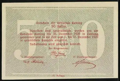 Notgeld Gaming 1920, 50 Heller, Gemeindeansicht mit Kirchturm