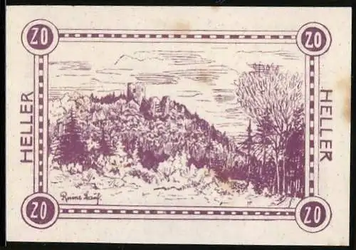 Notgeld Haibach 1920, 20 Heller, Landschaft mit Burgruine und Bäumen