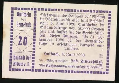 Notgeld Haibach 1920, 20 Heller, Landschaft mit Burgruine und Bäumen