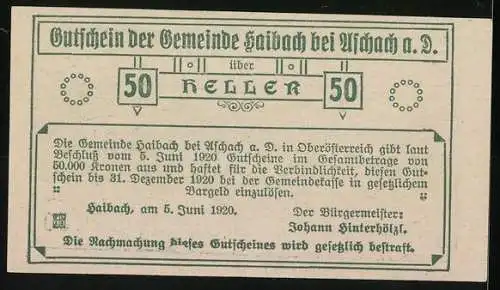 Notgeld Haibach 1920, 50 Heller, Landschaftsansicht der Donau bei Schlögen