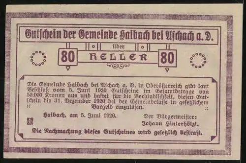 Notgeld Haibach 1920, 80 Heller, Stadtansicht von Haibach mit Kirche und Häusern