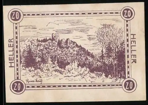 Notgeld Haibach 1920, 20 Heller, Landschaft mit Burgruine im Wald