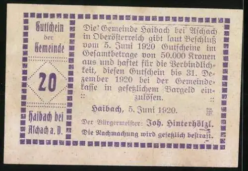 Notgeld Haibach 1920, 20 Heller, Landschaft mit Burgruine im Wald