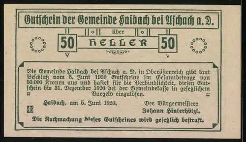 Notgeld Haibach 1920, 50 Heller, Donau bei Schlögen, Gutschein der Gemeinde Haibach bei Aschach a. D