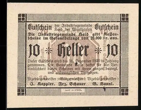 Notgeld Haid bei Mauthausen 1920, 10 Heller, Textausgabe mit rechtlichen Hinweisen