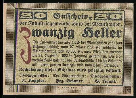 Notgeld Haid bei Mauthausen 1920, 20 Heller, dekorativer Text, unscharfes Gebäudeabbild, Seriennummer und Unterschriften