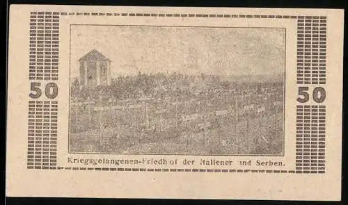 Notgeld Haid bei Mauthausen 1920, 50 Heller, Kriegsgefangenenfriedhof Italiener und Serben