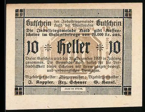 Notgeld Haid 1920, 10 Heller, Textausgabe, Haid bei Mauthausen