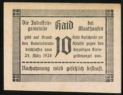 Notgeld Haid 1920, 10 Heller, Textausgabe, Haid bei Mauthausen