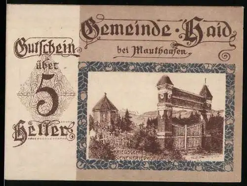 Notgeld Haid bei Mauthausen, 5 Heller, Kriegerdenkmal-Motiv