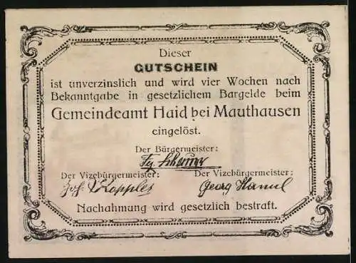 Notgeld Haid bei Mauthausen, 5 Heller, Kriegerdenkmal-Motiv