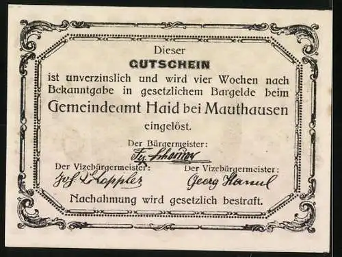 Notgeld Haid, 40 Heller, Bahnhof Mauthausen-Motiv