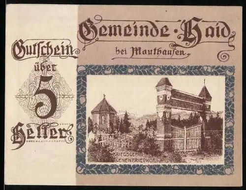 Notgeld Haid, 5 Heller, Kriegerdenkmal und Friedhofsmotiv