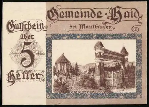 Notgeld Haid, 5 Heller, Kriegerdenkmal mit Friedhofsmotiv, Gemeinde Haid bei Mauthausen