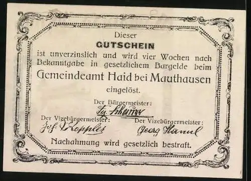 Notgeld Haid, 5 Heller, Kriegerdenkmal mit Friedhofsmotiv, Gemeinde Haid bei Mauthausen