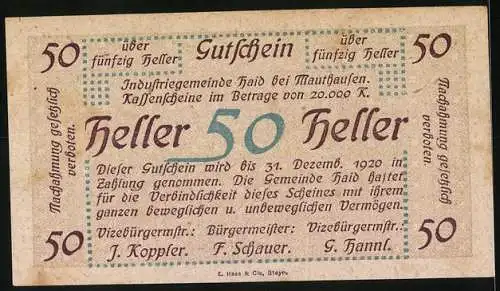 Notgeld Haid 1920, 50 Heller, Kriegsgefangenen-Friedhof der Italiener und Serben